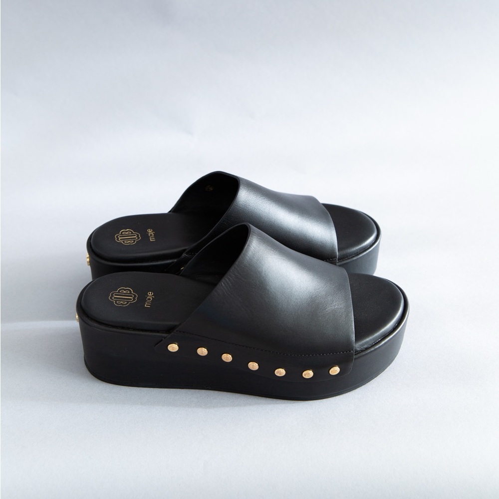Maje Black Platform Sandals with Gold Accents